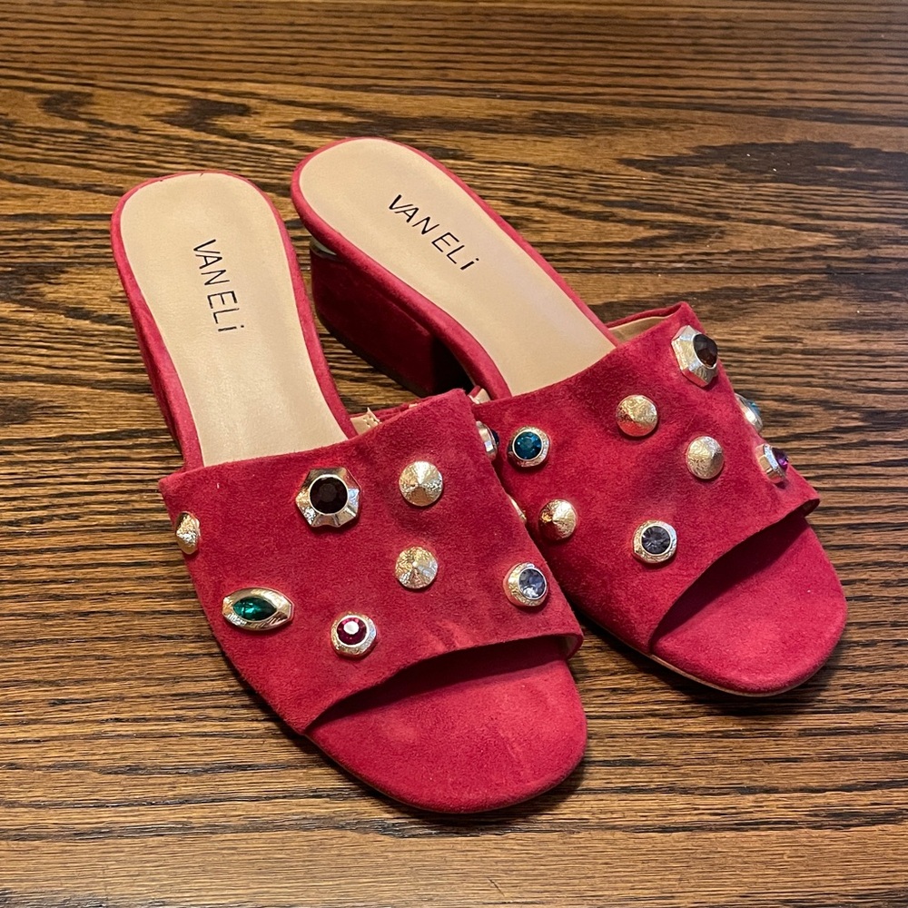 Van Eli Red Embellished Mules